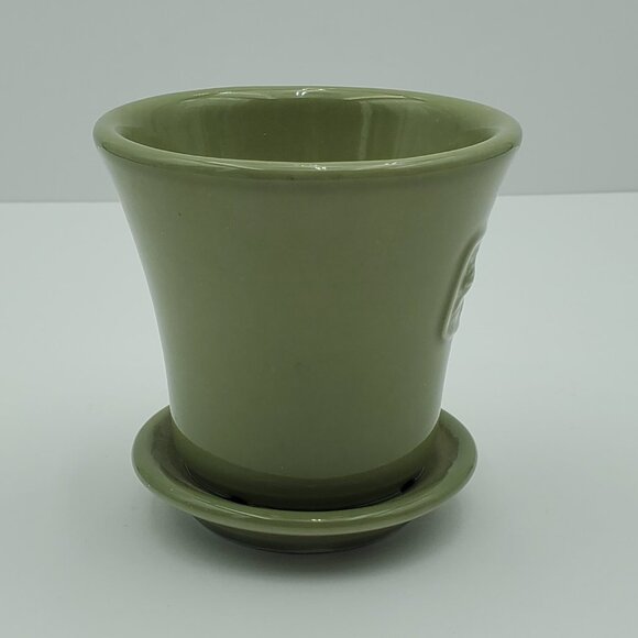 Longaberger Pottery Sage Green May Series Peony Flower Pot with Attached Saucer - Picture 5 of 8